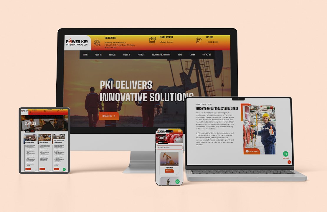 Industrial solutions website displayed on multiple devices.